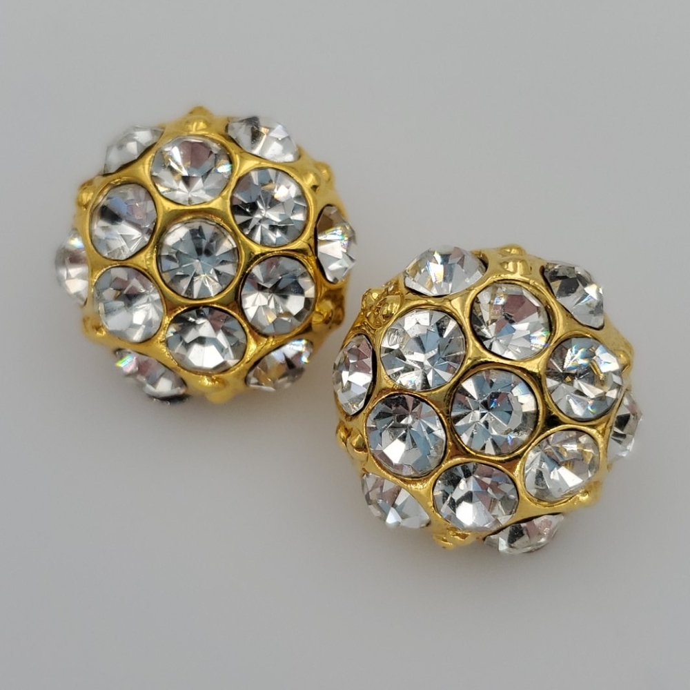 Gold Tone & Clear Crystal Dome Clip Earrings